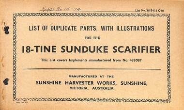 Manual - Sunshine Harvester McKay Massey Harris - List of duplicate parts with illustrations for the 18 Tine Sunduke Scarifier