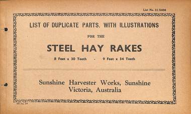 Manual - Sunshine Harvester McKay Massey Harris - List of duplicate parts with illustrations for the Steel Hay Rakes 8 Ft 30 Teeth & 9 Ft 34 Teeth