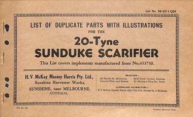 Manual - Sunshine Harvester McKay Massey Harris - List of duplicate parts with illustrations for the 20 Tyne Sunduke Scarifier