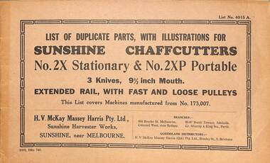 Manual - Sunshine Harvester McKay Massey Harris - List of duplicate parts with illustrations for the Sunshine Chaffcutters No 2X Stationary & No 2XP Portable