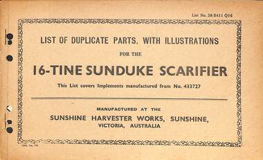 Manual - Sunshine Harvester McKay Massey Harris - List of duplicate parts with illustrations for the 16 Tine Sunduke Scarifier