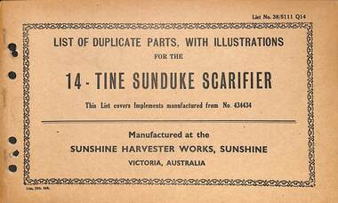 Manual - Sunshine Harvester McKay Massey Harris - List of duplicate parts with illustrations for the 14 Tine Sunduke Scarifier
