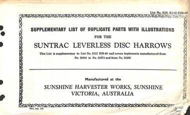 Manual - Sunshine Harvester McKay Massey Harris - Supplementary list of duplicate parts with illustrations for the Suntrac Leverless Disc Harrows