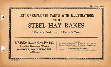 Manual - Sunshine Harvester McKay Massey Harris - List of duplicate parts with illustrations for the Steel Hay Rakes 8 Ft 30 Teeth & 9 Ft 34 Teeth
