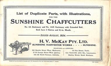 Manual - Sunshine Harvester McKay Massey Harris - List of duplicate parts with illustrations for the Sunshine Chaffcutters No 4A Stationary & 4AX Stationary With Extend