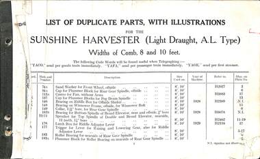 Manual - Sunshine Harvester McKay Massey Harris - List of duplicate parts with illustrations for the Sunshine Harvester Light Draught AL Type With Of Comb 8 & 10 Feet