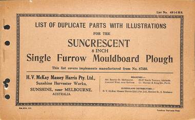 Manual - Sunshine Harvester McKay Massey Harris - List of duplicate parts with illustrations for the Suncrescent 8 Inch Single Furrow Mouldboard Plough