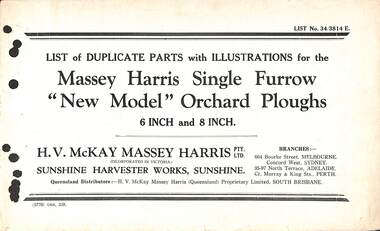 Manual - Sunshine Harvester McKay Massey Harris - List of duplicate parts with illustrations for the Massey Harris Single Furrow New Model Orchard Ploughs 6 & 8 Inch
