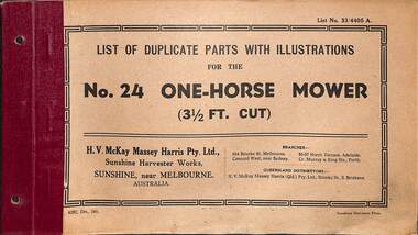 Manual - Sunshine Harvester McKay Massey Harris - List of duplicate parts with illustrations for the No 24 One Horse Mower 3.5 Ft Cut