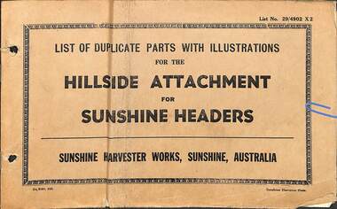 Manual - Sunshine Harvester McKay Massey Harris - List of duplicate parts with illustrations for the Hillside Attachment For Sunshine Headers