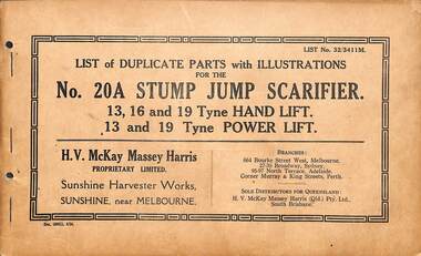 Manual - Sunshine Harvester McKay Massey Harris - List of duplicate parts with illustrations for the No 20A Stump Jump Scarifier 13. 16. & 19 Hand Lift & 13 & 19 Power