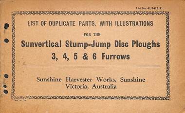Manual - Sunshine Harvester McKay Massey Harris - List of duplicate parts with illustrations for the Sunvertical Stump Jump Disc Plough 3, 4, 5 & 6 Furrows