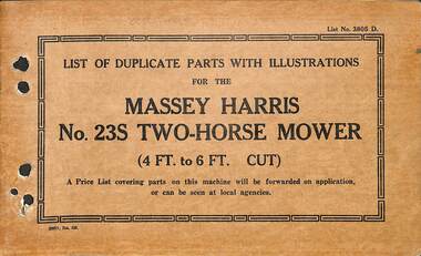 Manual - Sunshine Harvester McKay Massey Harris - List of duplicate parts with illustrations for the Massey Harris No 23S Two Horse Mower 4 & 6 FT Cut