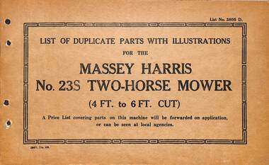Manual - Sunshine Harvester McKay Massey Harris - List of duplicate parts with illustrations for the Massey Harris No 23S Two Horse Mower 4 & 6 FT Cut