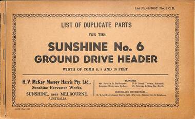 Manual - Sunshine Harvester McKay Massey Harris - List of duplicate parts with illustrations for the Sunshine No 6 Ground Drive Header With Of Comb 6, 8, & 10 Feet