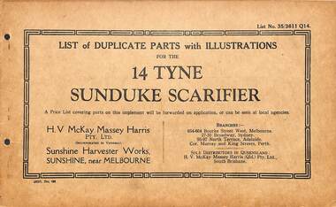 Manual - Sunshine Harvester McKay Massey Harris - List of duplicate parts with illustrations for the 14 Tyne Sunduke Scarifier