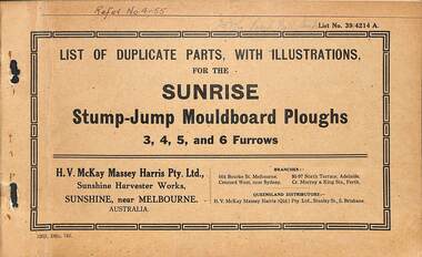 Manual - Sunshine Harvester McKay Massey Harris - List of duplicate parts with illustrations for the Sunrise Stump Jump Mouldboard Plough 3, 4, 5 & 6 Furrows