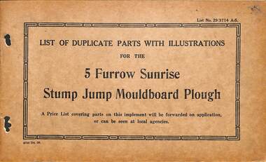 Manual - Sunshine Harvester McKay Massey Harris - List of duplicate parts with illustrations for the 5 Furrow Sunrise Stump Jump Mouldboard Plough