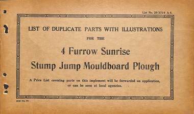 Manual - Sunshine Harvester McKay Massey Harris - List of duplicate parts with illustrations for the 4 Furrow Sunrose Stump Jump Mouldboard Plough
