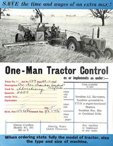 Pamphlet - Sunshine Harvester McKay Massey Harris - One Man Tractor Control Brochure