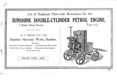 Manual - Sunshine Harvester McKay Massey Harris - List of duplicate parts with illustrations for the Sunshine Double Cylinder Petrol Engine 7 Brake Horse Power