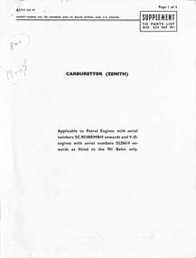 Manual - Sunshine Harvester McKay Massey Harris - Carburettor (Zenith) Supplementary Parts List