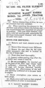 Manual - Massey Harris - KC5193 Oil Filter Element Information Sheet