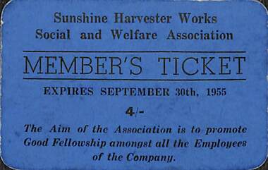 Ephemera - Sunshine Harvester Works Social And Welfare Member's Ticket