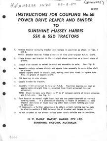 Manual - H.V. McKay Massey Harris - Instructions For Coupling No 6B Power Drive To Reaper & Binder To 55K & 55D Tractors