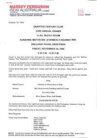 Ephemera - Ken Porter Collection - Massey Ferguson Quarter Centry Club 33rd Annual Dinner 1995 Invite, 1995