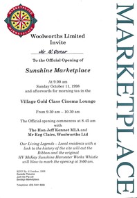 Ephemera - Ken Porter Collection - Woolworths Market Place Opening Invitation To Mr Ken Porter, 1998