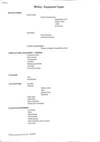 Document - Ken Porter Collection - McKay Equipment Types Page 1, 1998