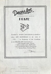 Certificate - Sunshine Technical School - Richard Camilleri Deans Art Prize Certificate