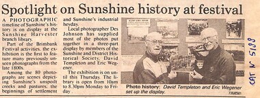 Article - Sunshine And District Historical Society Exhibition - Des Johnson's Photographs, Brimbank Messenger (Newspaper), 25th March 1997