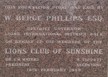 Plaque - Sunshine Lions Club House Of Lions Foundation Stone, 1958