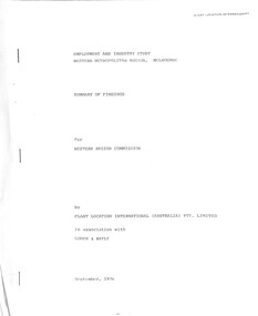 Document - Employment And Industry Study Western Metropolitan Region Summary Of Findings Report, Plant Location International (Australia) Pty Ltd, September 1976