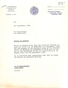Administrative record - City of Sunshine - Commissioner Mr Alexander Alex George Gillon Collection 1976 - 1982 - 1982 - Notice of Statutory Meeting 1st September 1976, City of Sunshine, 1st September 1976