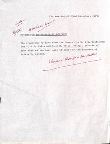 Administrative record - City of Sunshine - Commissioner Mr Alexander Alex George Gillon Collection 1976 - 1982 - Motion For Extraordinary Business 23rd November 1976, City of Sunshine, 23rd November 1976