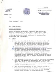 Administrative record - City of Sunshine - Commissioner Mr Alexander Alex George Gillon Collection 1976 - 1982 - Notice Of Special Meeting 1st December 1976, City of Sunshine, 25th November 1976