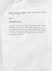 Administrative record - City of Sunshine - Commissioner Mr Alexander Alex George Gillon Collection 1976 - 1982 - Motion On City Engineer's Report For Ordinary Meeting 23rd November 1976, City of Sunshine, 23rd November 1976
