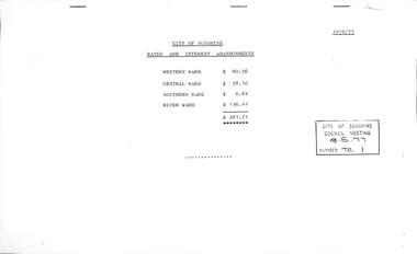 Administrative record - City of Sunshine - Commissioner Mr Alexander Alex George Gillon Collection 1976 - 1982 - Rates Interest Abandonments 1976-77 Report, City of Sunshine, 18th May 1977