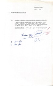 Administrative record - City of Sunshine - Commissioner Mr Alexander Alex George Gillon Collection 1976 - 1982 - Fencing Helene Street Reserve Extract 29th June 1977, City of Sunshine, 29th June 1977