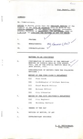 Administrative record - City of Sunshine - Commissioner Mr Alexander Alex George Gillon Collection 1976 - 1982 - Notice of ordinary meeting of the council of the City of Sunshine to be held on 7th September 1977, City of Sunshine, 31th August 1977