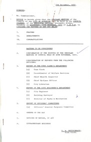Administrative record - City of Sunshine - Commissioner Mr Alexander Alex George Gillon Collection 1976 - 1982 - Notice of ordinary meeting of the council of the City of Sunshine to be held on 14th December 1977, City of Sunshine, 7th December 1977