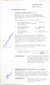 Administrative record - City of Sunshine - Commissioner Mr Alexander Alex George Gillon Collection 1976 - 1982 - Extraordinary Business Purchase Of Garbage Skips 13th July 1977, City of Sunshine, 13th July 1977