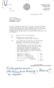 Administrative record - City of Sunshine - Commissioner Mr Alexander Alex George Gillon Collection 1976 - 1982 - Notice of special meeting of the council of the City of Sunshine to be held on 11th January 1977, City of Sunshine, 6th January 197