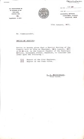 Administrative record - City of Sunshine - Commissioner Mr Alexander Alex George Gillon Collection 1976 - 1982 - Notice of special meeting of the council of the City of Sunshine to be held on 20th January 1977, City of Sunshine, 17th January 1977