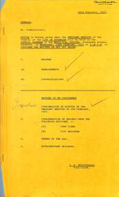 Administrative record - City of Sunshine - Commissioner Mr Alexander Alex George Gillon Collection 1976 - 1982 - Notice of ordinary meeting of the council of the City of Sunshine to be held on 23rd February 1977, City of Sunshine, 16th February 1977