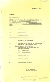 Administrative record - City of Sunshine - Commissioner Mr Alexander Alex George Gillon Collection 1976 - 1982 - Notice of ordinary meeting of the council of the City of Sunshine to be held on 9th March 1977, City of Sunshine, 2nd March 1977
