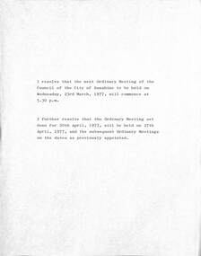 Administrative record - City of Sunshine - Commissioner Mr Alexander Alex George Gillon Collection 1976 - 1982 - Notice of ordinary meeting of the council of the City of Sunshine to be held on 23rd March 1977 Memo, City of Sunshine